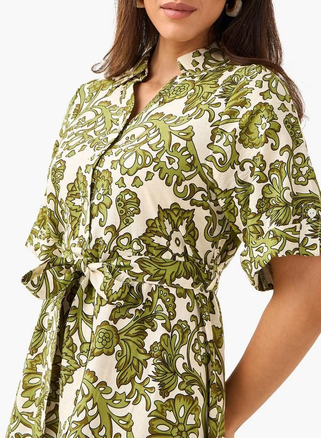 Splash FAV Belted Midi Shirt Dress with Printed Design
